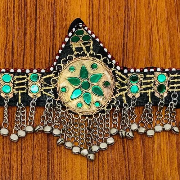 Green Kuchi Afghan Matha Patti, Ethnic Hair Jewelry, Afghan Hair Accessories, main image 12